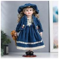 Кукла коллекционная керамика "Настенька в синем бархатном платье, с мишкой" 40 см