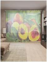Тюль вуаль на шторной ленте с принтом "Персиковый сад" для гостиной, зала, кухни, спальни, детской, 310х265 см; Зеленый, желтый, красный