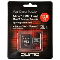Карта памяти Qumo microSDXC 128 ГБ Class 10, UHS-I, R/W 90/20 МБ/с, адаптер на SD, черный