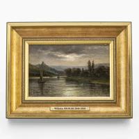 Картина "Речной пейзаж на закате дня", художник Вильгельм Брокер (1848-1930 гг.)