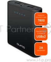 Портативное зарядное устройство Qumo PowerAid 7800, 7800 мА-ч, 2 USB 1A+2A, вход 1А, черный, корпус