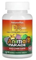 Nature’s Plus Source of Life, Animal Parade, витамин D3, без сахара, с натуральным вкусом черешни, 12,5 мкг (500 МЕ) 90 жевательные таблетки