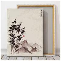 Картина на холсте 40х50 см "Китайский бамбук, горы", Большая картина для интерьера на стену, на подрамнике