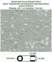 Бисер Miyuki Delica, цилиндрический, размер 11/0, цвет: Радужный прозрачный перламутровая линия (1671), 4,5 грамм