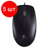 Комплект 5 шт, Мышь проводная LOGITECH B100, USB, 2 кнопки + 1 колесо-кнопка, оптическая, черная, 910-003357