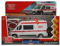 Машинка металлическая ТехноПарк Fiat Ducato. Скорая помощь 14см свет, звук DUCATO-14SLAMB-STRWH