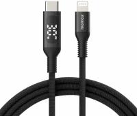 Кабель для зарядки телефона Momax EliteLink USB-C to Lightning с LED дисплеем, 1.2 метра, PD 30 Вт (DL52D), черный