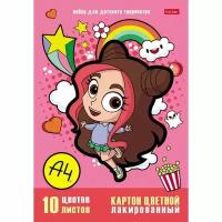 Hatber Картон цветной А4, 10 листов, 10 цветов, лакированный, "Влад А4", 190 г/м2, односторонний, в папке