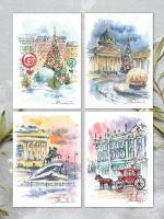 Набор открыток на Новый год, Рождество с Санкт-Петербургом от Alexandra Iv. 4 шт. и 4 крафт конверта