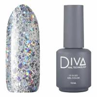 Гель лак для ногтей с блестками Diva Nail Technology плотный, светлый, серебро, 15 мл