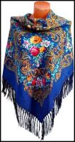 Женский шерстяной платок на голову и шею с кистями,112*112 см,синий