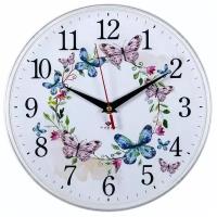 Часы настенные круглые пластиковые кварцевые d25 см венок из бабочек