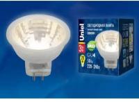 Светодиодная лампа Uniel LED-MR11-3W/WW/GU4/220V GLZ21TR 220V. Прозрачная. Теплый белый свет (3000K). Картон. ТМ