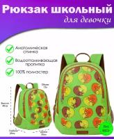 Рюкзак школьный для девочки подростка, с ортопедической спинкой, для средней школы, GRIZZLY, с котом (салатовый)