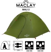 Палатка туристическая Maclay MALI 2, р. 210х210х115 см, 2-местная, двухслойная