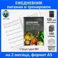 Дневник-планер питания и тренировок А5 /на 2 месяца /150 стр / фитнес ежедневник для спорта и похудения /Женский №1 / diary_food&workout_woman_1*