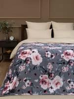 Плед TexRepublic Absolute 150х200 см, 1,5 спальный, велсофт, покрывало на диван, теплый, мягкий, серый, розовый с принтом розы
