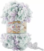 Пряжа Alize Puffy Fine Color (Пуффи Файн Колор) - 5 мотков цвет: 6466 Мятный / сиреневый / серый, маленькие петельки (2см), 100г 14м