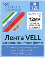 Лента Vell VL-231CH (с чипом, 12 мм, черный на белом) для Puty PT-100E/100ECH/Brother D200/E110/ D600/E300/2700/ P700/E550/P900 {Vell-231CH}