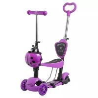 Самокат Novatrack Disco-kids Saddle PRO для детей, трансформер, свет.колеса PU 120*90мм, фиолетовый