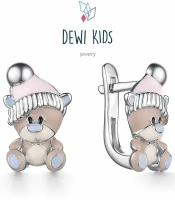 Детские серьги "Мишка в шапке" из серебра 925 пробы с эмалью, DEWI KIDS