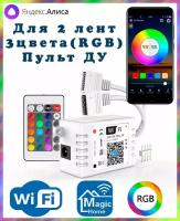 Умный двухканальный WIFI контроллер RGB для светодиодных лент с пультом ДУ (4pin, 3 цвета в одном чипе), Яндекс.Алиса, Magic Home