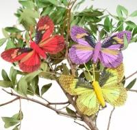 Бабочка для декора и флористики, на прищепке, пластиковая, разноцветная, 3 шт., 7,5 х 5 х 1 см