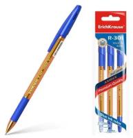 Набор ручек шариковых 3 штуки ErichKrause R-301 Amber Stick & Grip, узел 0.7 мм, чернила синие, резиновый упор, длина линии письма 1000 метров, европодвес
