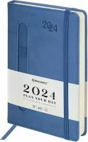 Ежедневник планинг датированный 2024 А5 138x213мм Brauberg Optimal, под кожу, резинка-фиксатор, держатель для ручки, синий, 114972