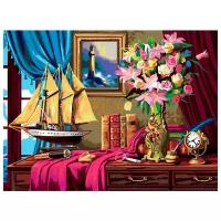 Рыжий кот Картина по номерам Натюрморт с цветами и кораблем (Х-3403)