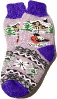 Шерстяные носки женские "Снегирь фиолетовый с домиком" 35/39 размера, Теплые носки в подарок, вязанные зимние носки. Термоноски из натуральной шерсти