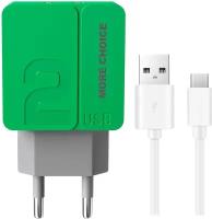 Сетевое зарядное устройство 2USB 2.4A в комплекте с дата-кабелем Type-C More choice NC46a 1м Green