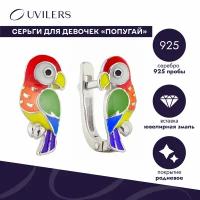 Серебряные серьги для девочек Uvilers Попугаи, серебро 925 пробы с эмалью, английский замок