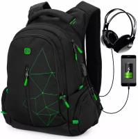 Рюкзак школьный с анатомической спинкой SkyName 90-135 черно-зеленый для подростка и USB-слотом