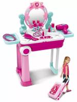 Детский cалон красоты парикмахерская в чемоданчике (свет, звук, розовый, 15 предметов, 53х24х60 см)