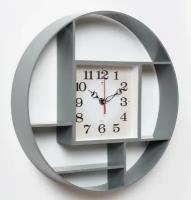 Часы настенные бесшумные на батарейках с декоративными полками, диаметр 35 см, Серый/Часы с полками квадрат серые