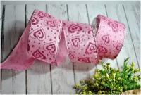 Лента тканевая розового цвета с сердечками и глиттером 4 метра 6,3 см