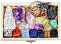 16 природных целебных кристаллов в деревянной коробке