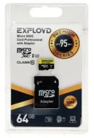 Exployd Карта памяти Exployd MicroSD, 64 Гб, SDHC, UHS-1, класс 10, 95 Мб/с, с адаптером SD