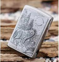 Зажигалка бензиновая ZIPPO Timberwolves с покрытием Brushed Chrome, латунь/сталь, серебристая, матовая