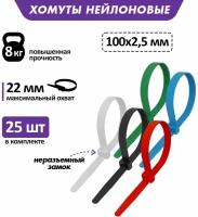 Хомут-стяжка Rexant, нейлон, 2,5 x 100 мм, 25 шт, мультиколор