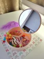 шкатулка для бижутерии творчества косметическая с зеркалом круглая, розовая, B41p Ihome