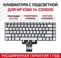 Клавиатура (keyboard) для ноутбука HP Pavilion x360, 14-cd0000, 14m-cd0000, 14t-cd0000HP, Pavilion, X360, 14-DH, 14T-DH, серебристая с подсветкой