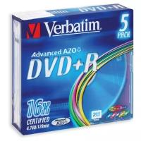 Носители информации DVD+R, 16x, Verbatim Colour, Slim/5, 43556