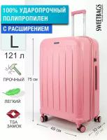 Чемодан Sweetbags большой из полипропилена с расширением на 4-х колесах с TSA замком (6 верт. полос) розовый L