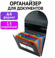 Папка-органайзер для бумаг и документов на резинке 13 отделений BRAUBERG DOCS А4 черная, 1 шт