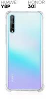 ROSCO/ Противоударный чехол-накладка для Huawei Y8p и Honor 30i (Хуавей У8п и Хонор 30 ай, 30и) усиленные углы и защита камер, силиконовый, прозрачный