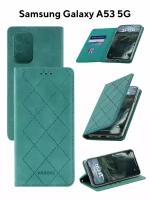 Чехол на Самсунг а53 Kruche Rhombus зеленый, книжка с карманом для карт, противоударный, защитный кейс, с магнитом для Samsung A53
