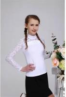 Блузка для девочки школьная белая с кружевными вставками/водолазка школьная/146