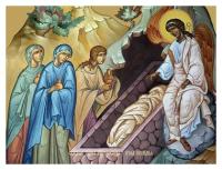 Икона на дереве ручной работы - Святые жены Мироносицы у гроба Господня, 15x20x3,0 см, арт Ид5318